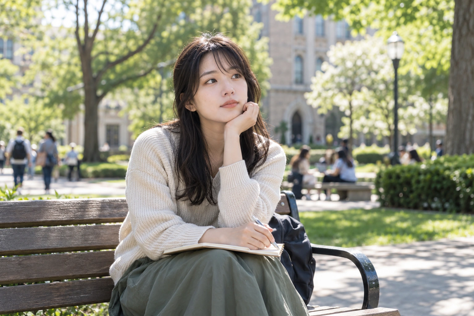 留学先のキャンパスで考え事をする女性(AI生成・事例イメージ)