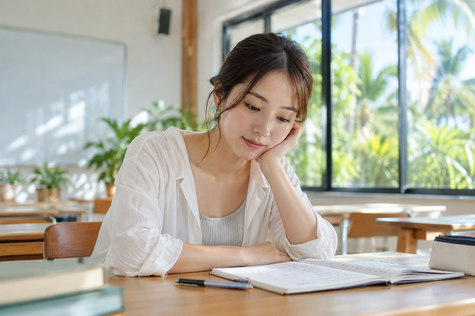 勉強の合間に休憩する女性(AI生成・事例イメージ)