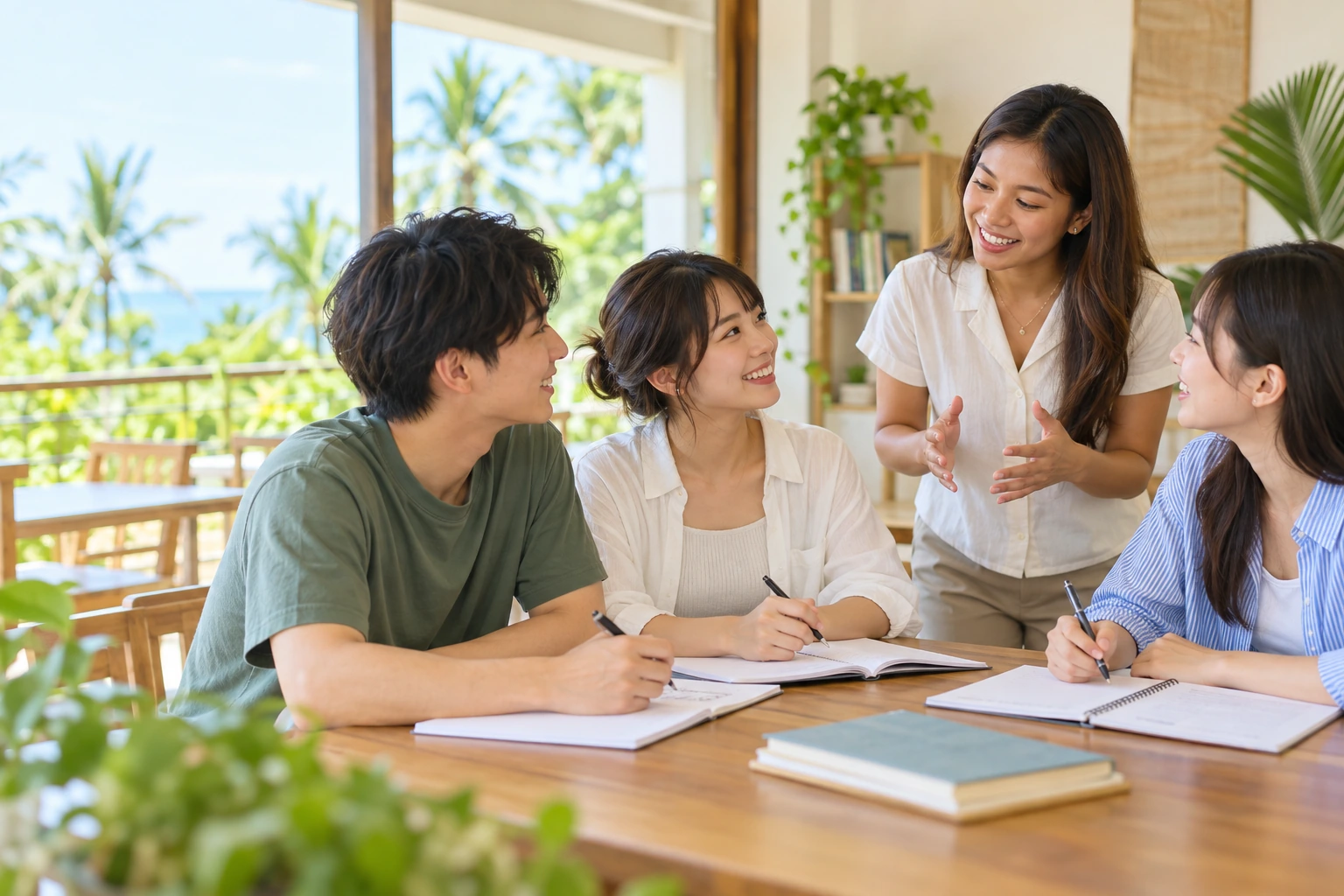 先生と学生が英語で話し合う授業風景のイメージ